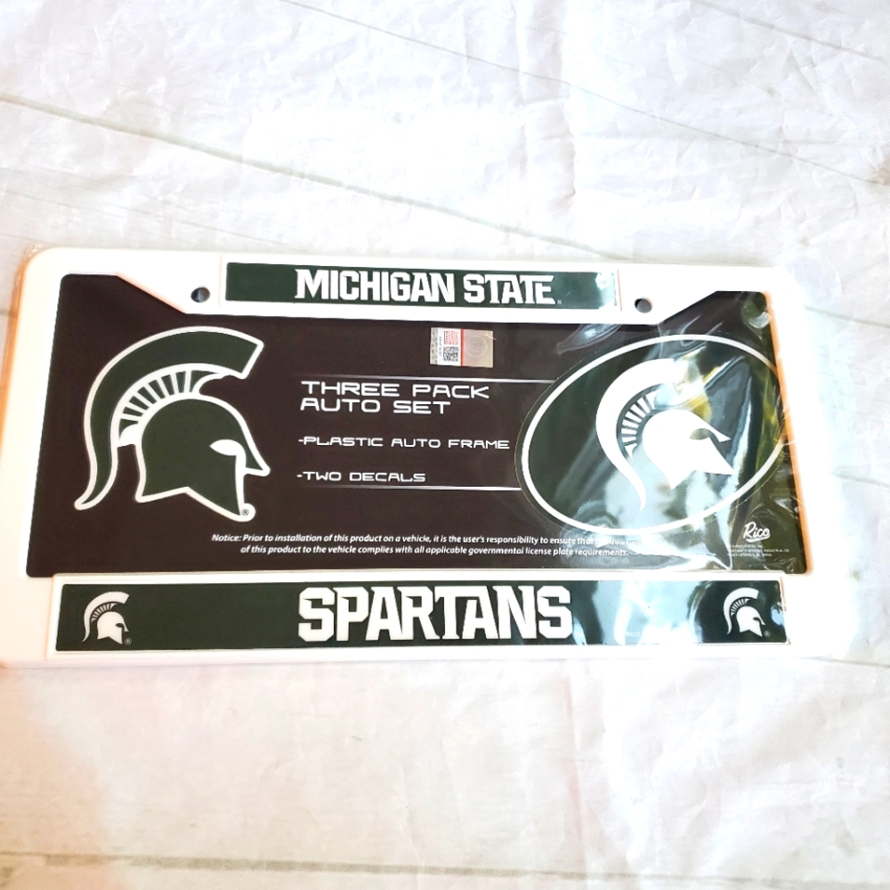 RICO MICHIGAN STATE SPARTAN LICENSE PLATE FRAME GREEN/WHITE TWO DECALS